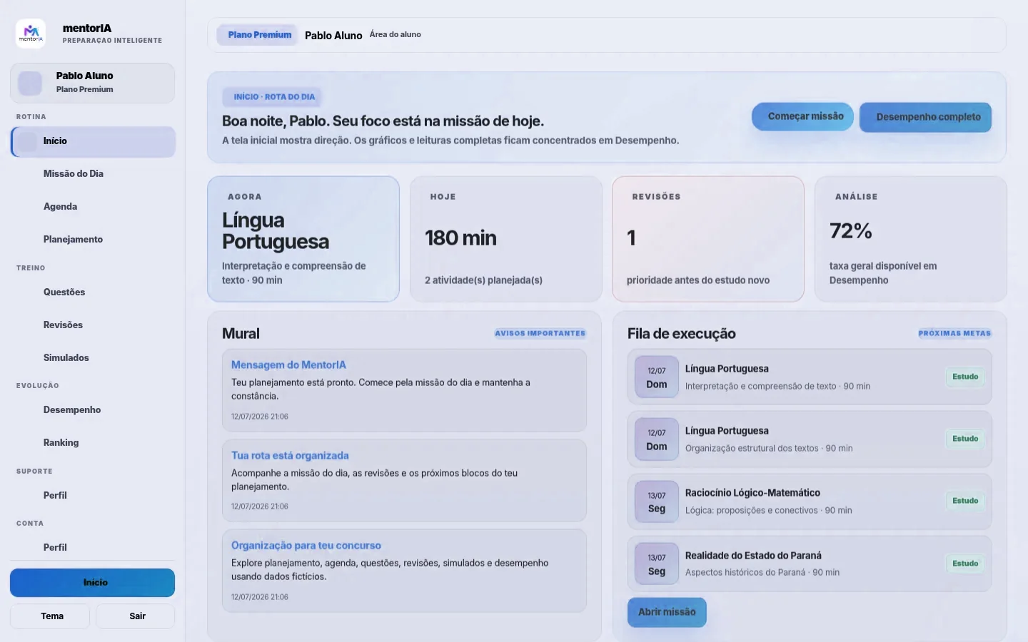 Tela inicial atual do mentorIA em modo claro